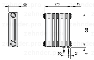 Схема (чертеж) Радиатор Zehnder Charleston 3055/6 №5510 Белый глянцевый RAL 9016